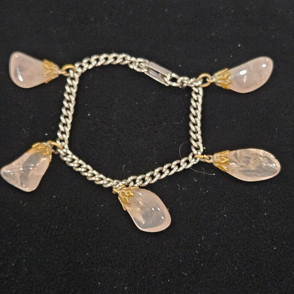 Vintage Rose Quartz Charm Bracelet Gold-Tone Accent Chain 6.5 Inches